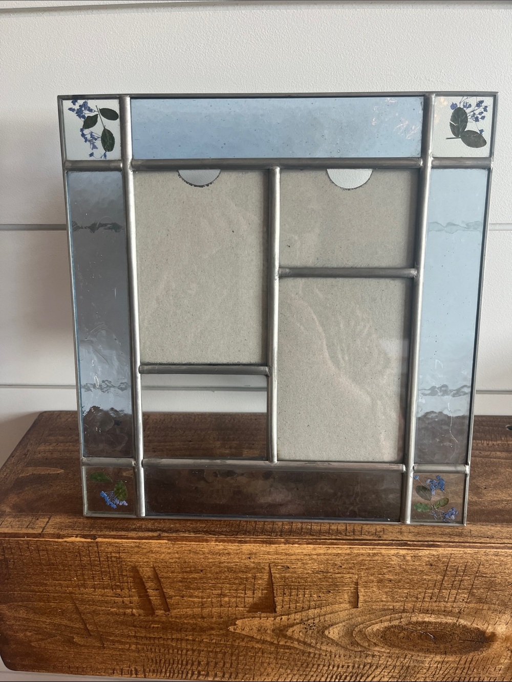 Carr Framed Photo Frame in Silver with Blue Stained Glass and Dried Flowers